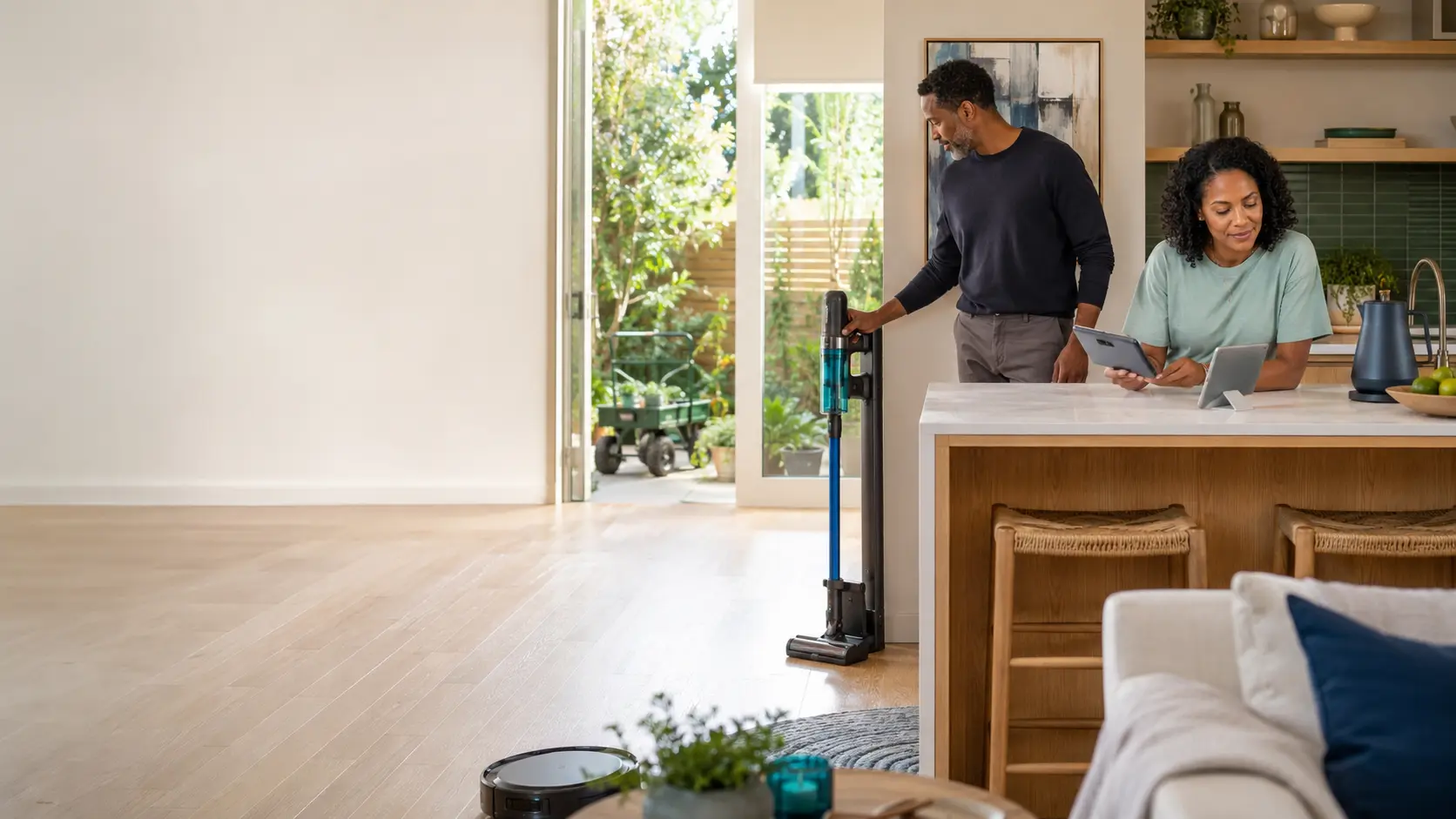 An independent, active adult using an easy-to-operate home product in a bright kitchen